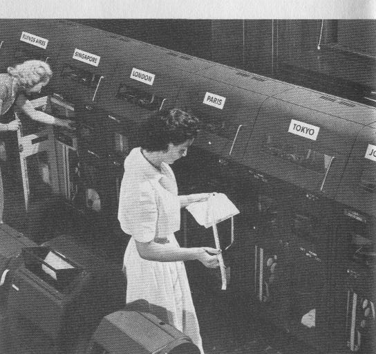 1950s A round the clock staff monitored Pan Am's telex system.